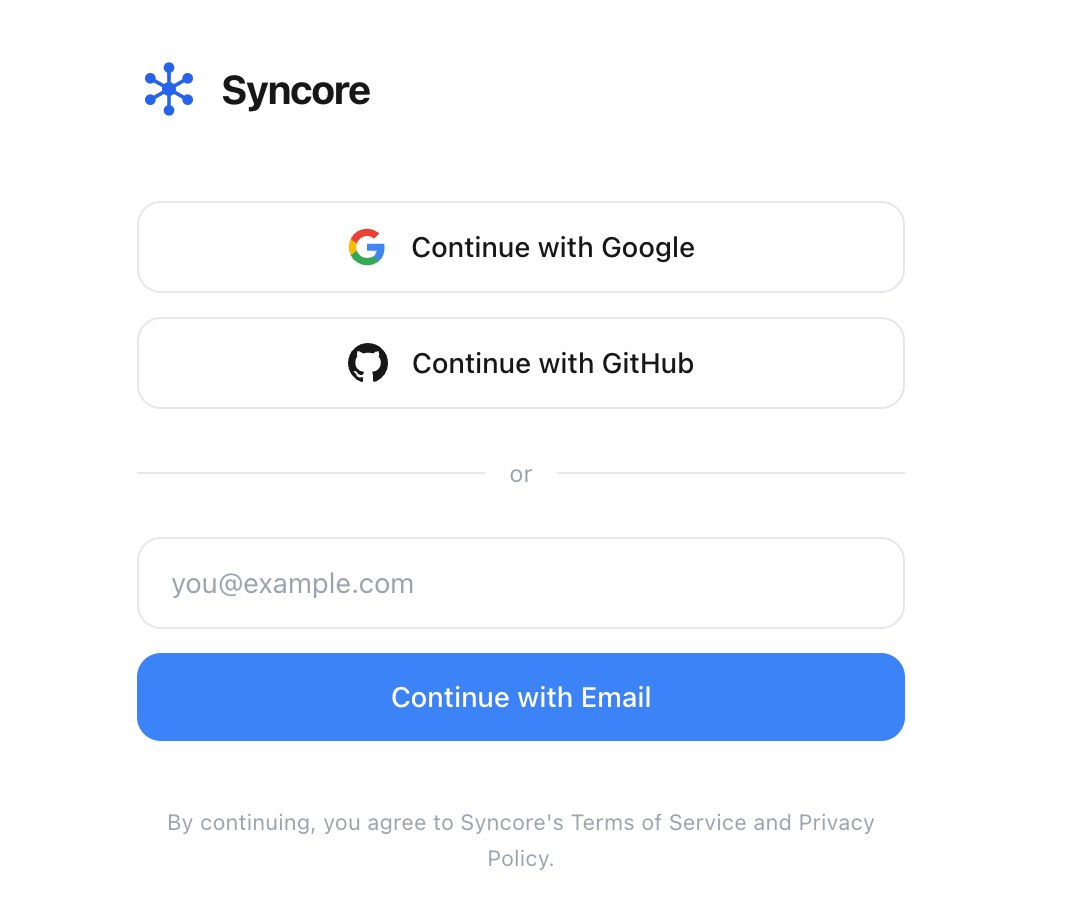 Syncore login screen with Google, GitHub, and email options